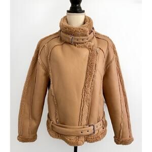 NWT Missguided Premium Borg Teddy Faux Leather Belted Aviator Jacket Tan Size 8